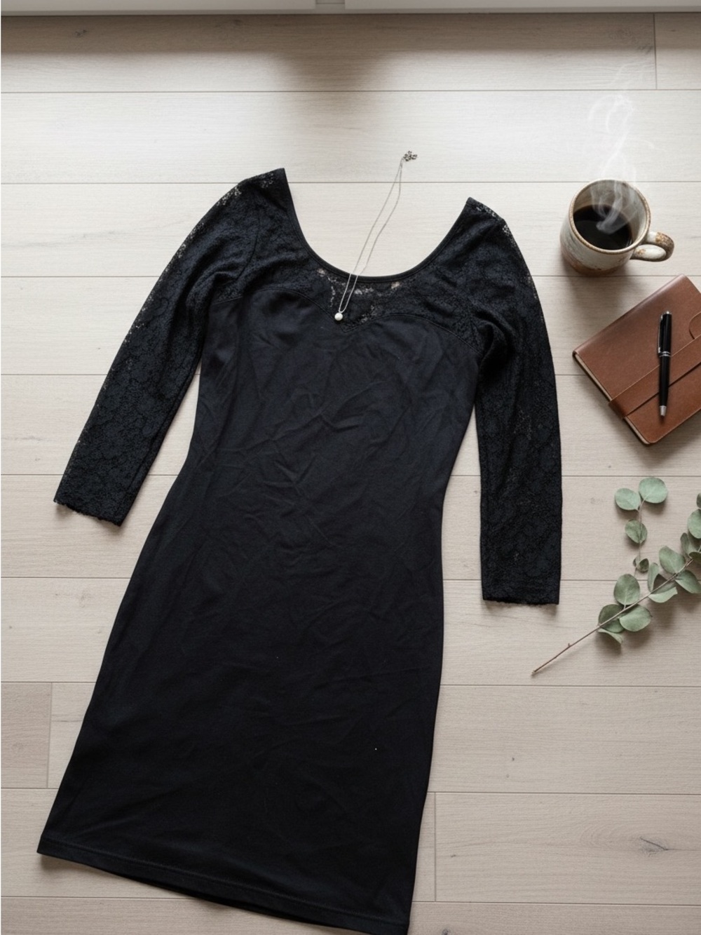 Divided Black Lace-Sleeve Scoop Dress